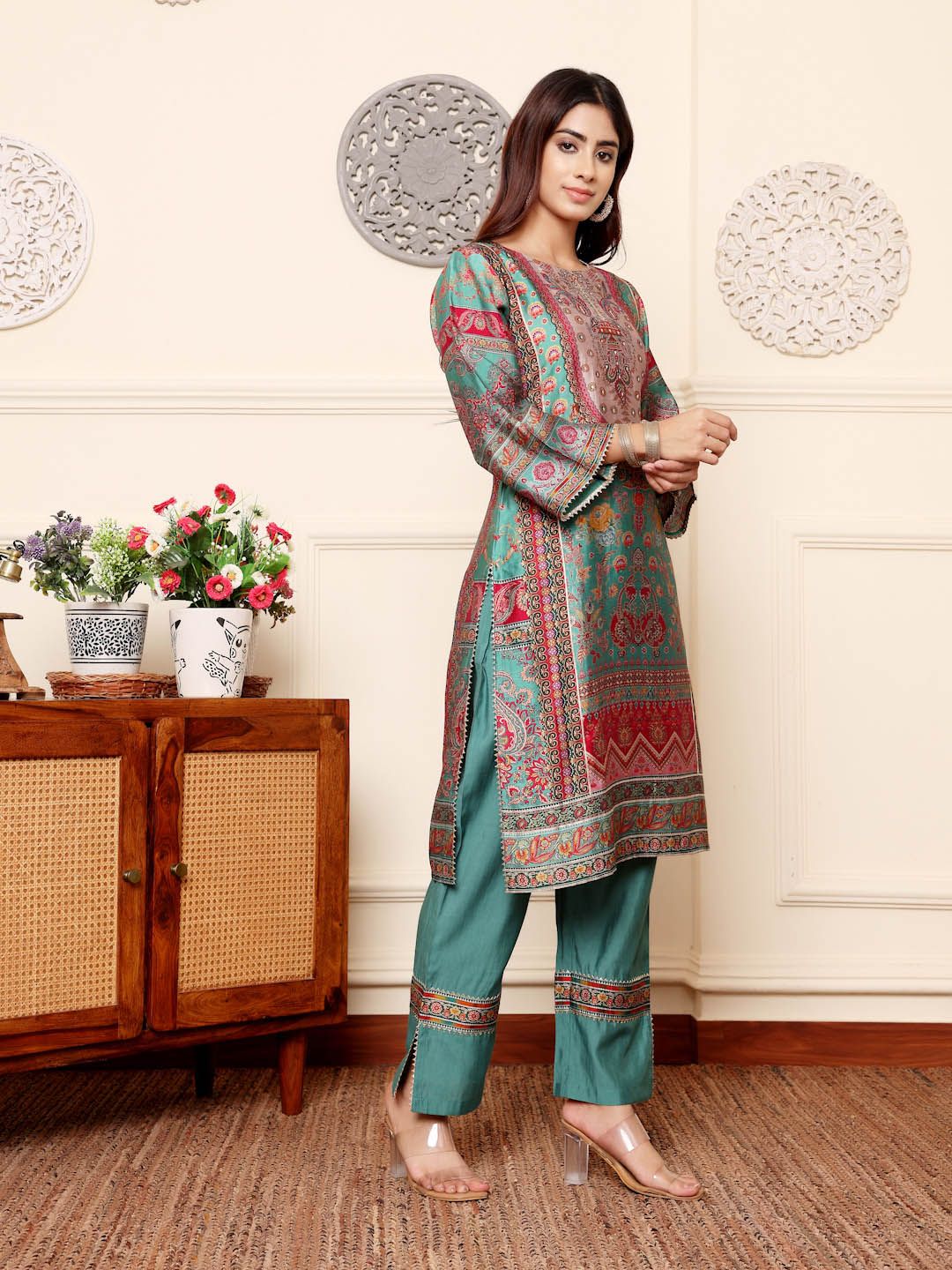 Turquoise Blue Ethnic Motifs Printed Chanderi Silk Tunic With Trousers