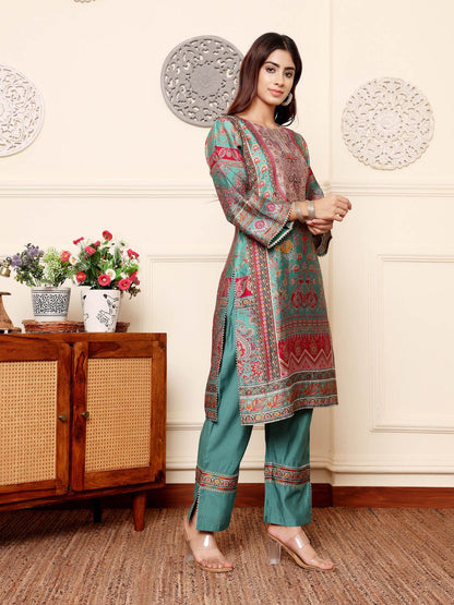 Turquoise Blue Ethnic Motifs Printed Chanderi Silk Tunic With Trousers