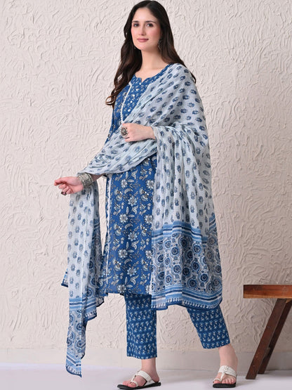Women Floral Printed Regular Pure Cotton Kurta with Trousers & With Dupatta