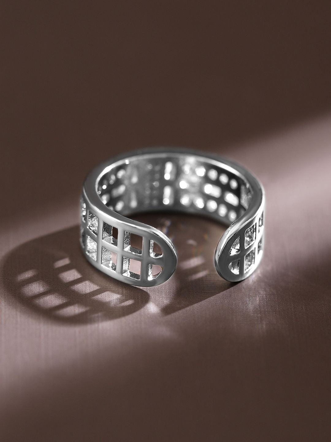 Dhiyona RJ Women's Rhodium Plated Adjustable Openable Ring with Baguette & Pave Cubic Zirconia