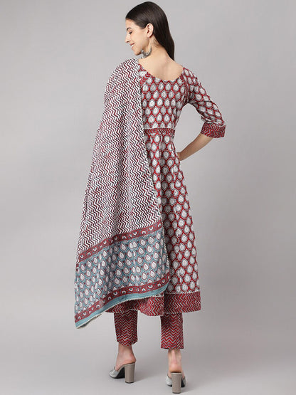 Dhiyona KL Ethnic Motifs Printed Pure Cotton Anarkali Kurta & Trousers With Dupatta