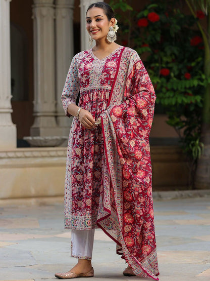 Dhiyona RR Women's Floral Printed Pure Cotton A-line Kurta With Trousers & Dupatta