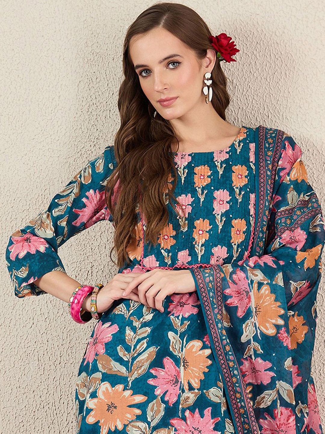 Women Floral Printed Cotton Kurta with Trousers & Dupatta