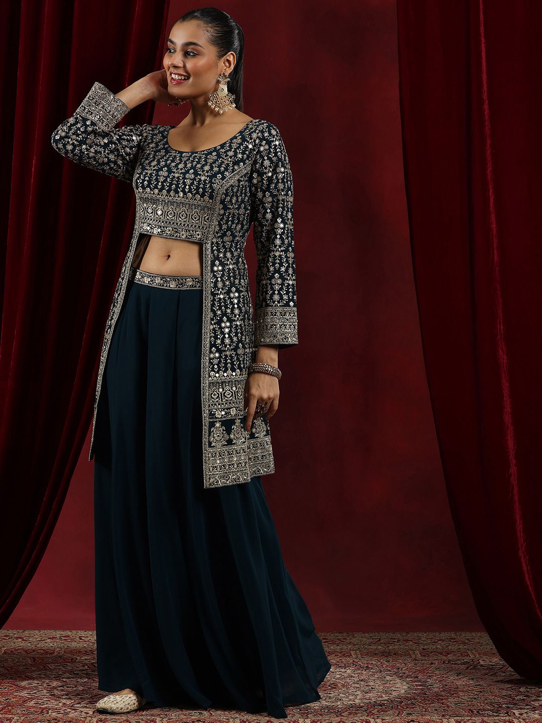 Dhiyona LL Floral Embroidered Sequined Kurta With Palazzos & Dupatta