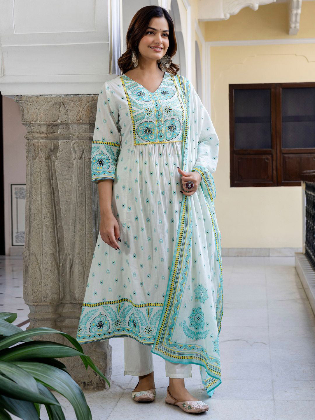 Floral Printed V-Neck Pleated Pure Cotton A-Line Kurta With Trouser And Dupatta