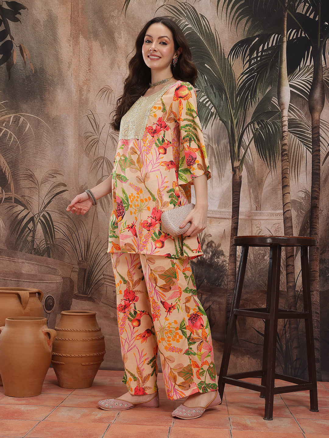Floral Printed Regular Sequinned Kurti With Palazzos