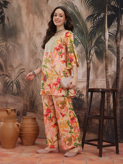 Floral Printed Regular Sequinned Kurti With Palazzos