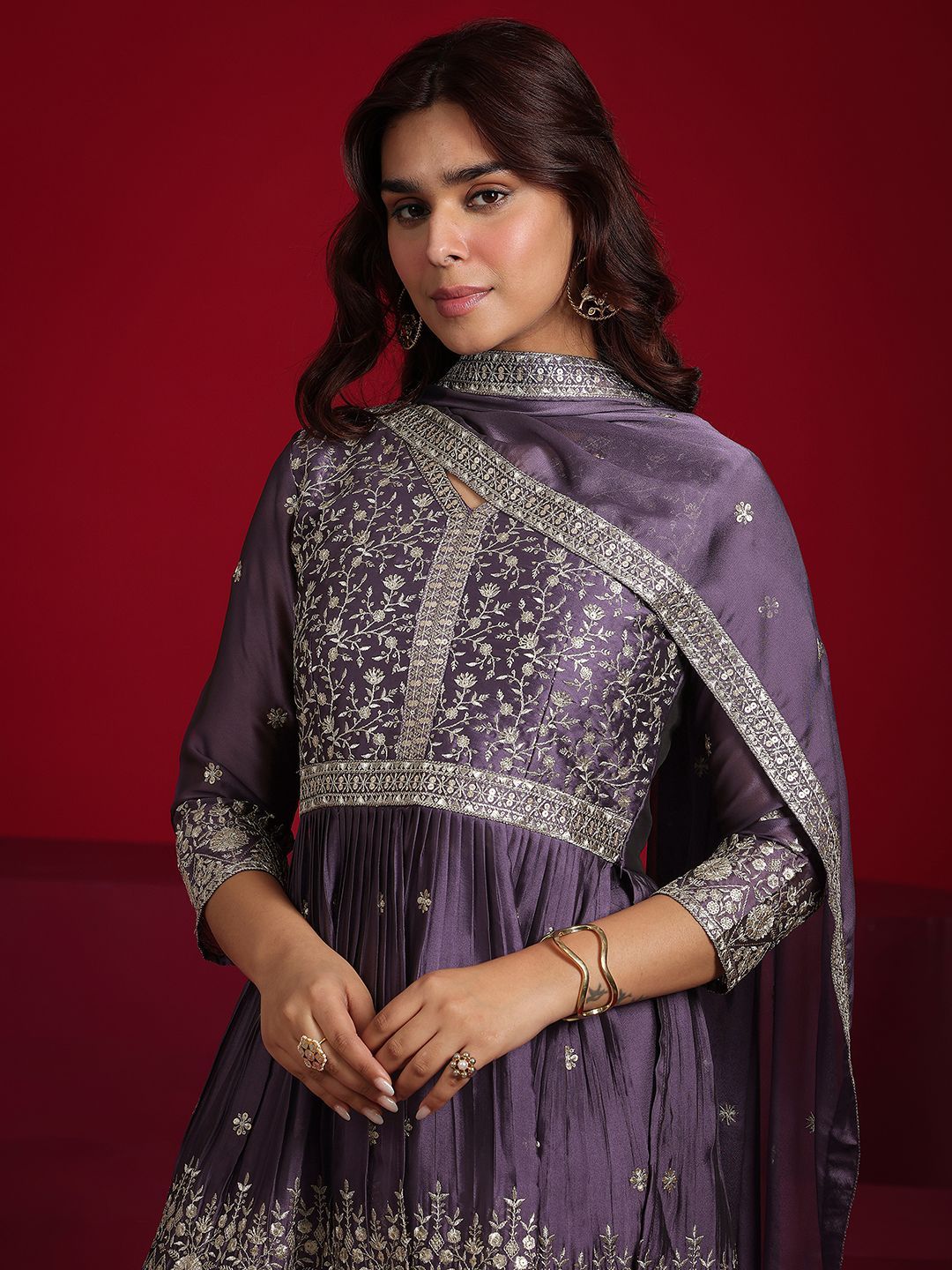 Dhiyona LL Floral Embroidered Sequinned Anarkali Kurta With Sharara & Dupatta