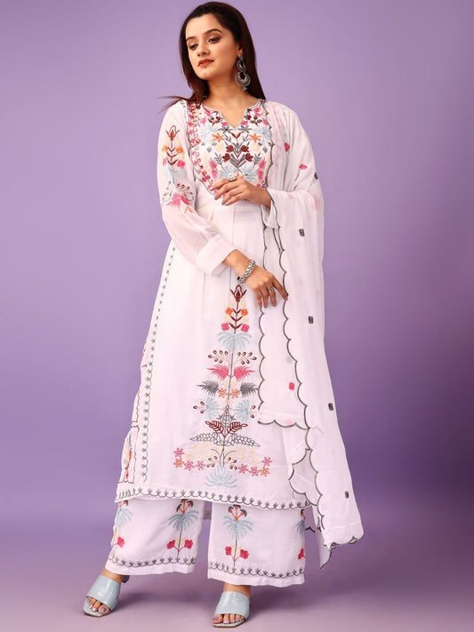 Dhiyona KL Floral Embroidered Notch Neck Straight Kurta With Palazzos & Dupatta