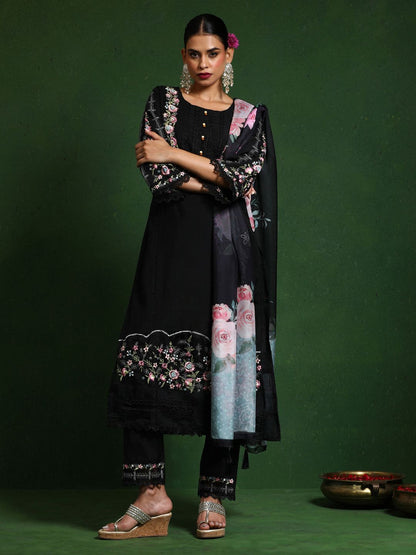 Black Women Floral Embroidered Regular Thread Work Pure Cotton Kurta with Trousers & With Dupatta