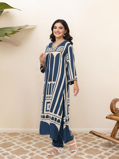 Dhiyona IS Women's Geometric Quirky Printed A- Line Kurta and Pants with Embroidered Hem