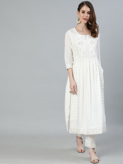 Dhiyona IS Women's Women Off White Ethnic Motifs Embroidered Pleated Pure Cotton Kurta with Trousers