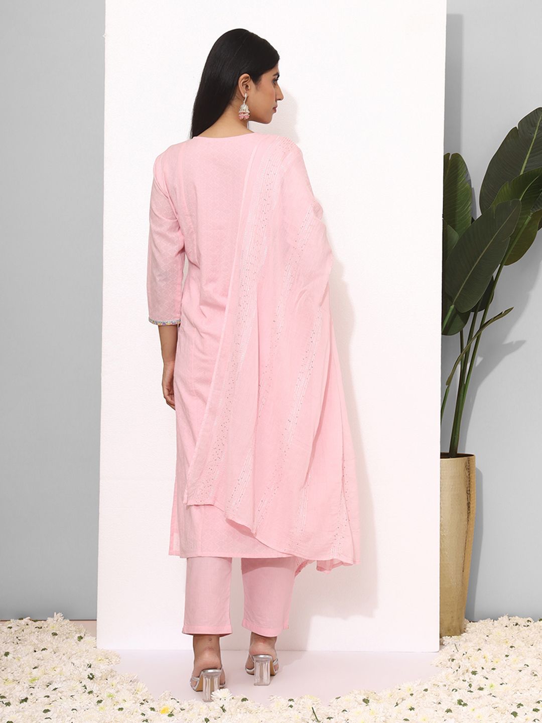 Dhiyona IS Women's Ethnic Motifs Yoke Design Mirror Work Pure Cotton Kurta with Trousers & Dupatta