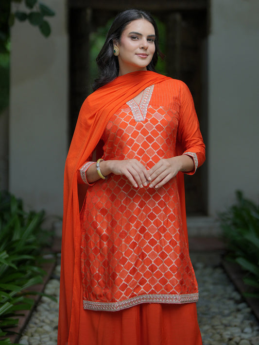 V Neck Regular Sequinned Straight Kurti with Palazzos & Dupatta