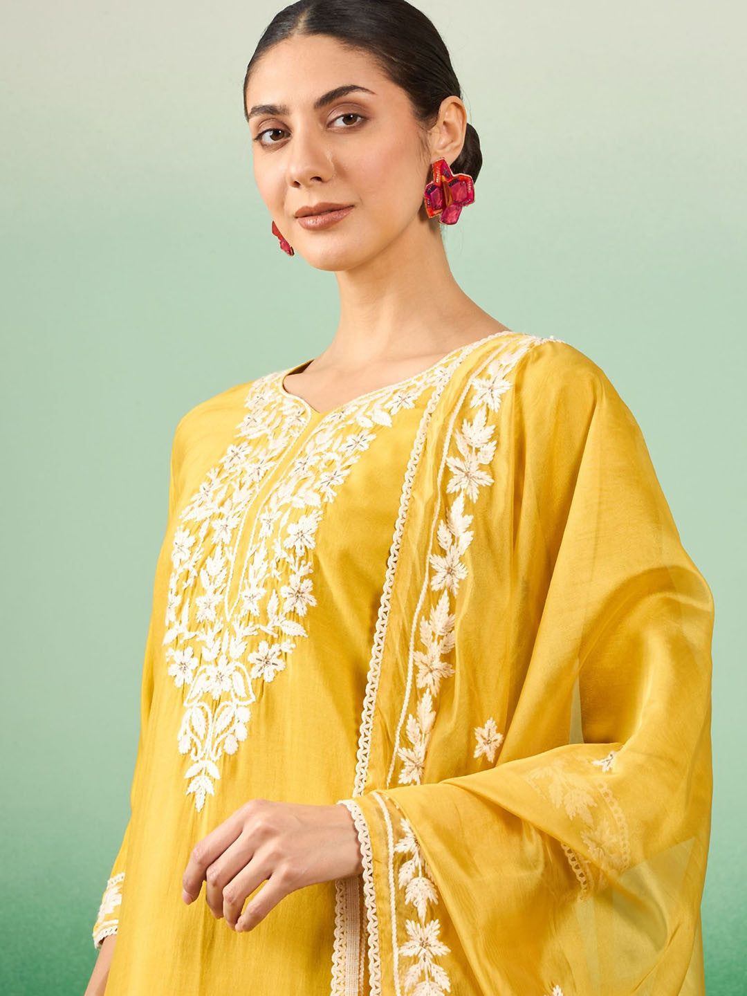 Mustard Yellow Floral Embroidered Straight Kurta With Trousers & Dupatta
