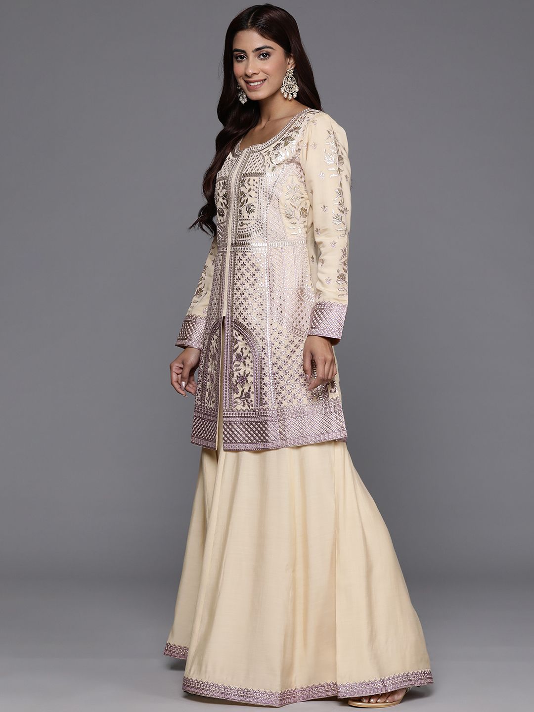 Dhiyona LL Floral Embroidered Zari Kurti with Palazzos & Dupatta
