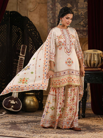 Dhiyona SC Geometric Printed Mirror Work Chanderi Silk Kurti with Sharara & Dupatta