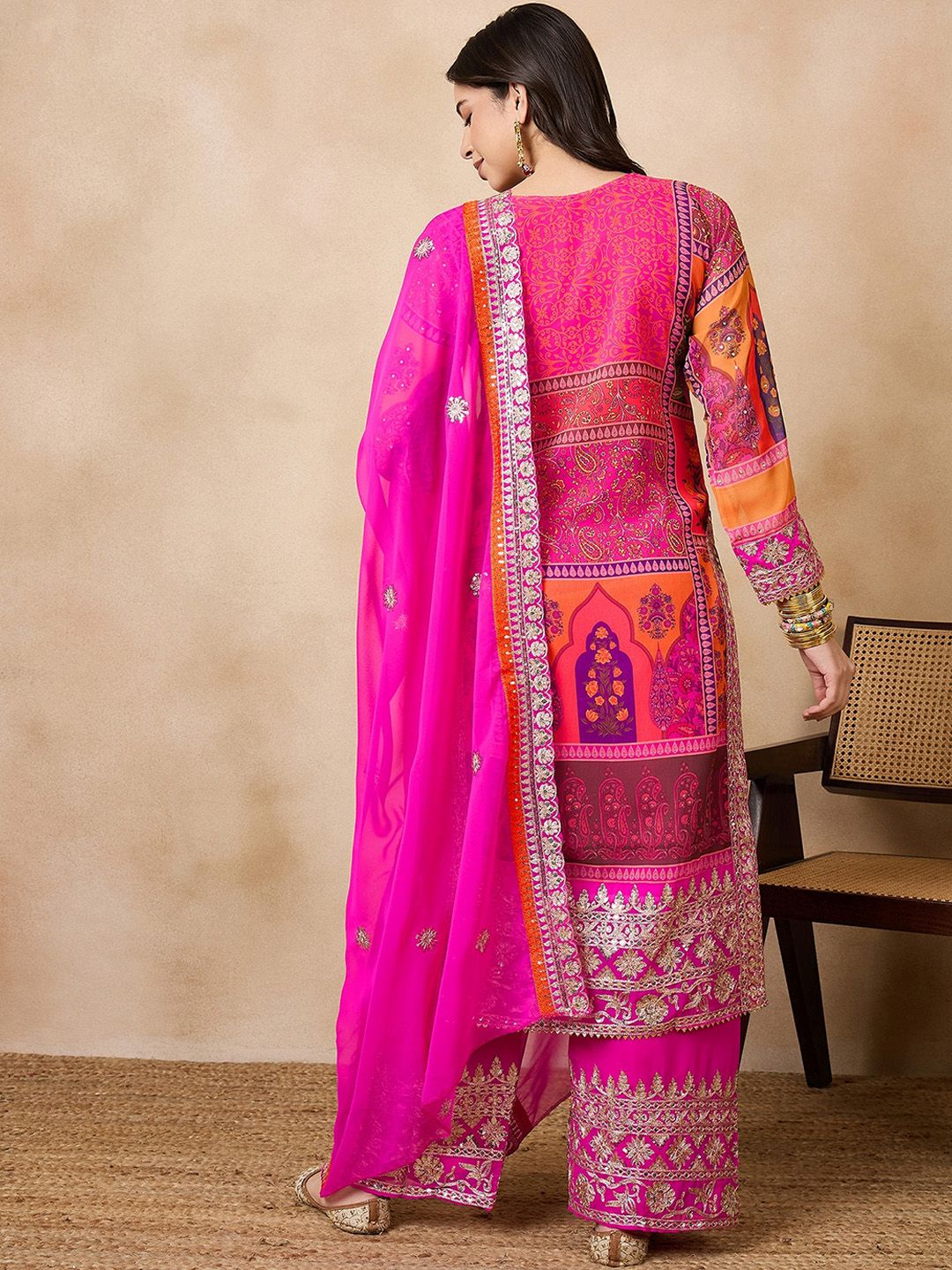 Dhiyona KL Ethnic Motifs Embroidered Beads and Stones Straight Kurta & Palazzos With Dupatta