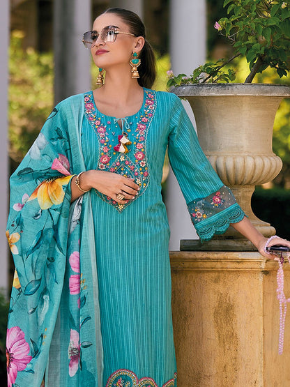 Dhiyona IE Floral Embroidered Pure Cotton Straight Kurta with Trousers & Dupatta