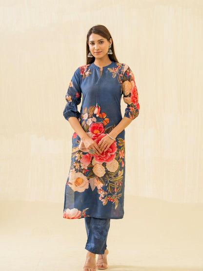 Dhiyona IS Women's Floral Printed Regular Cotton Kurta with Trousers
