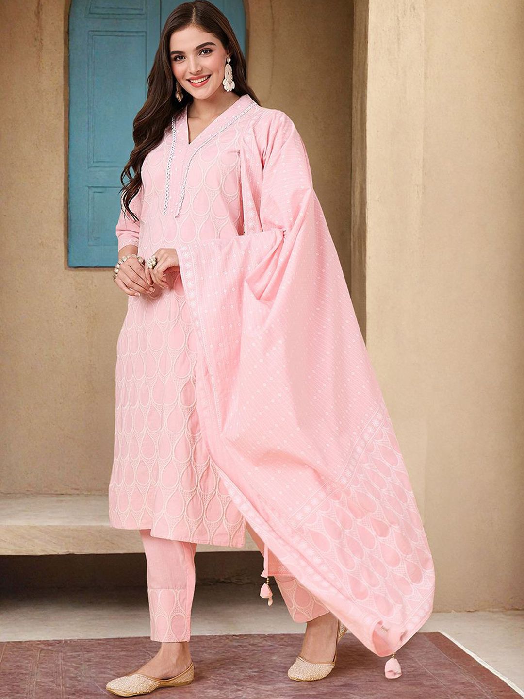 Dhiyona IS Women's Floral Embroidered V-neck Pure Cotton Kurta With Trousers & Dupatta