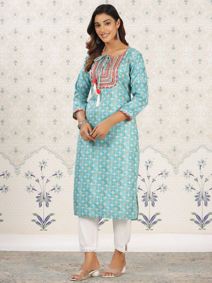 Dhiyona OD  Sea Green Ethnic Printed Tie-Up Neck Gotta Patti Straight Kurta