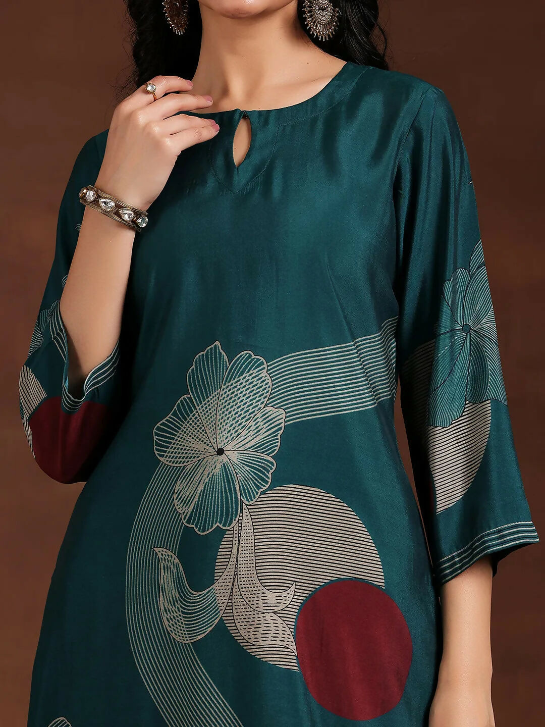 Women's LB Teal Printed Silk Blend Straight Suit With Dupatta