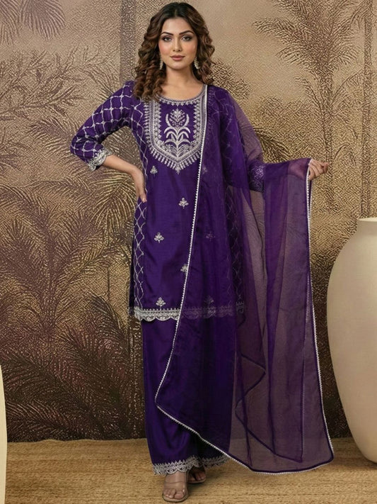 Dhiyona SN Embroidered Round Neck Straight Kurta & Palazzos With Dupatta