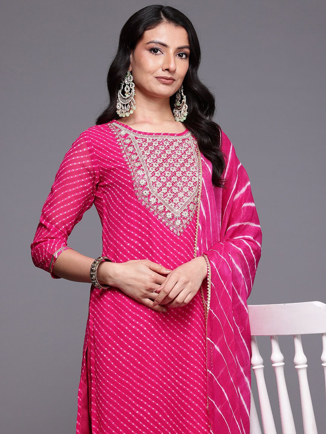 Dhiyona VA Women'sBandhani Printed Sequinned Kurta With Trousers & Dupatta