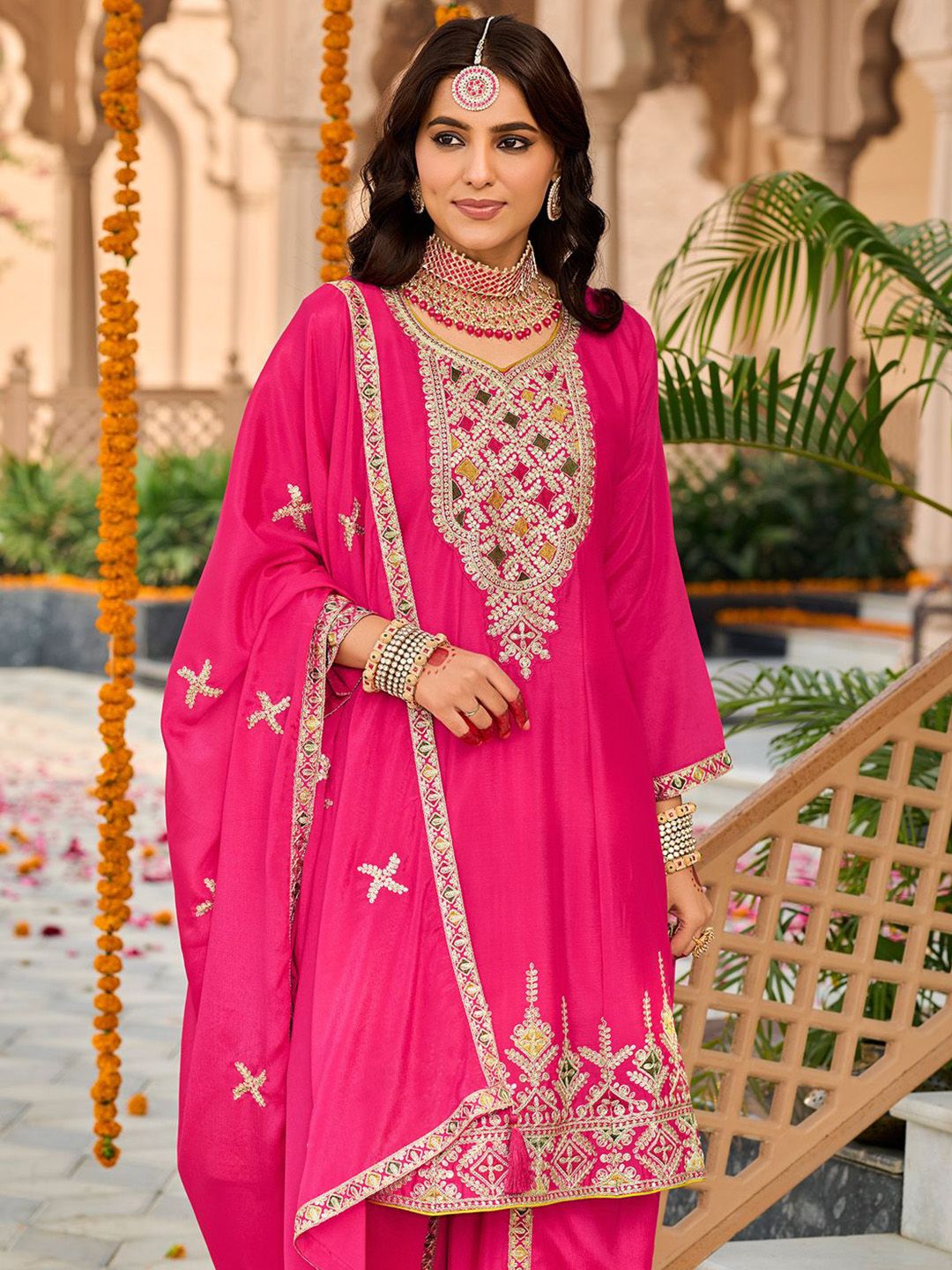 Dhiyona IE Floral Embroidered Mirror Work Sequinned Anarkali Kurta With Dhoti & Dupatta