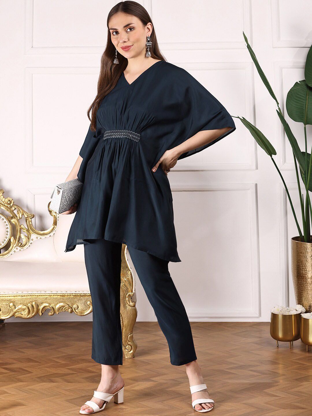 Dhiyona IS Women's Navy Blue Kimono Sleeve Asymmetric Kaftan Kurti with Trousers