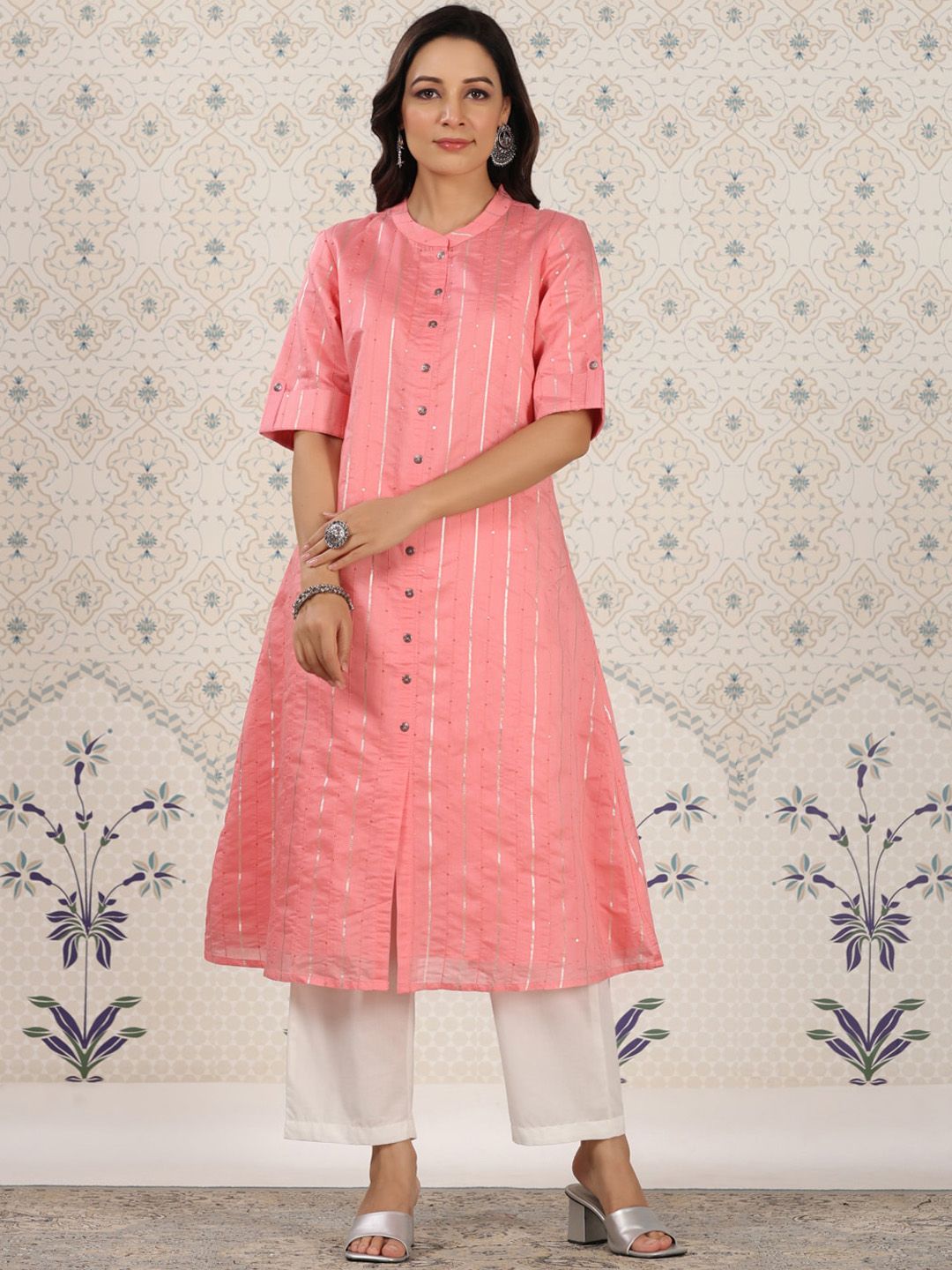Dhiyona OD  Striped Gotta Patti Sequinned A-Line Kurta