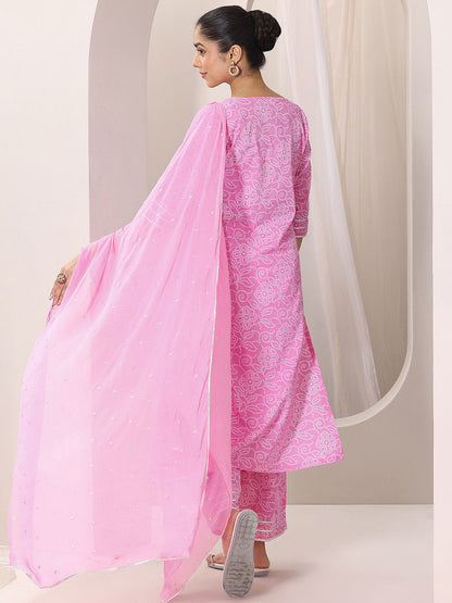 Bandhani Printed Thread Work Straight Kurta With Palazzos & Dupatta