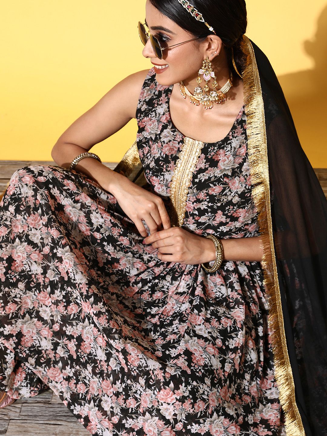 Dhiyona VA Women Black Floral Printed Pleated Kurta with Sharara & With Dupatta