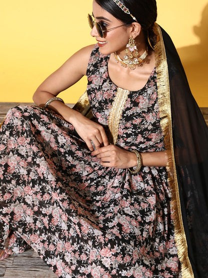 Dhiyona VA Women Black Floral Printed Pleated Kurta with Sharara & With Dupatta