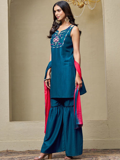 Women Cotton Silk Embroidered Straight Kurta Sharara With Dupatta Set