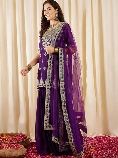 Dhiyona IN Ethnic Motifs Embroidered Regular Sequined Kurti with Sharara & Dupatta