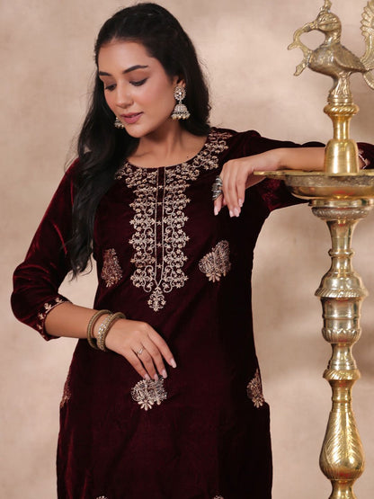 Dhiyona IS Women's Maroon Ethnic Motifs Embroidered Thread Work Velvet Straight Kurta With Trouser