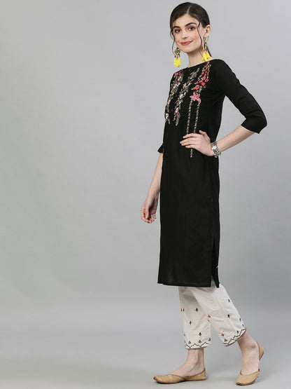 Dhiyona IS Women's Women Black & Off-White Embroidered Kurta with Trousers