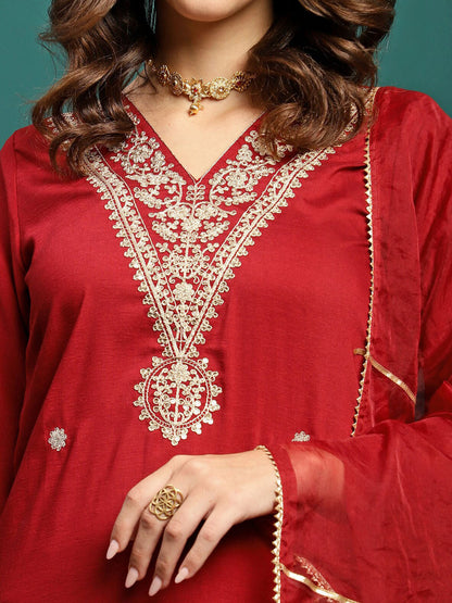 Women Embroidered V-Neck Kurta With Trouser & Dupatta