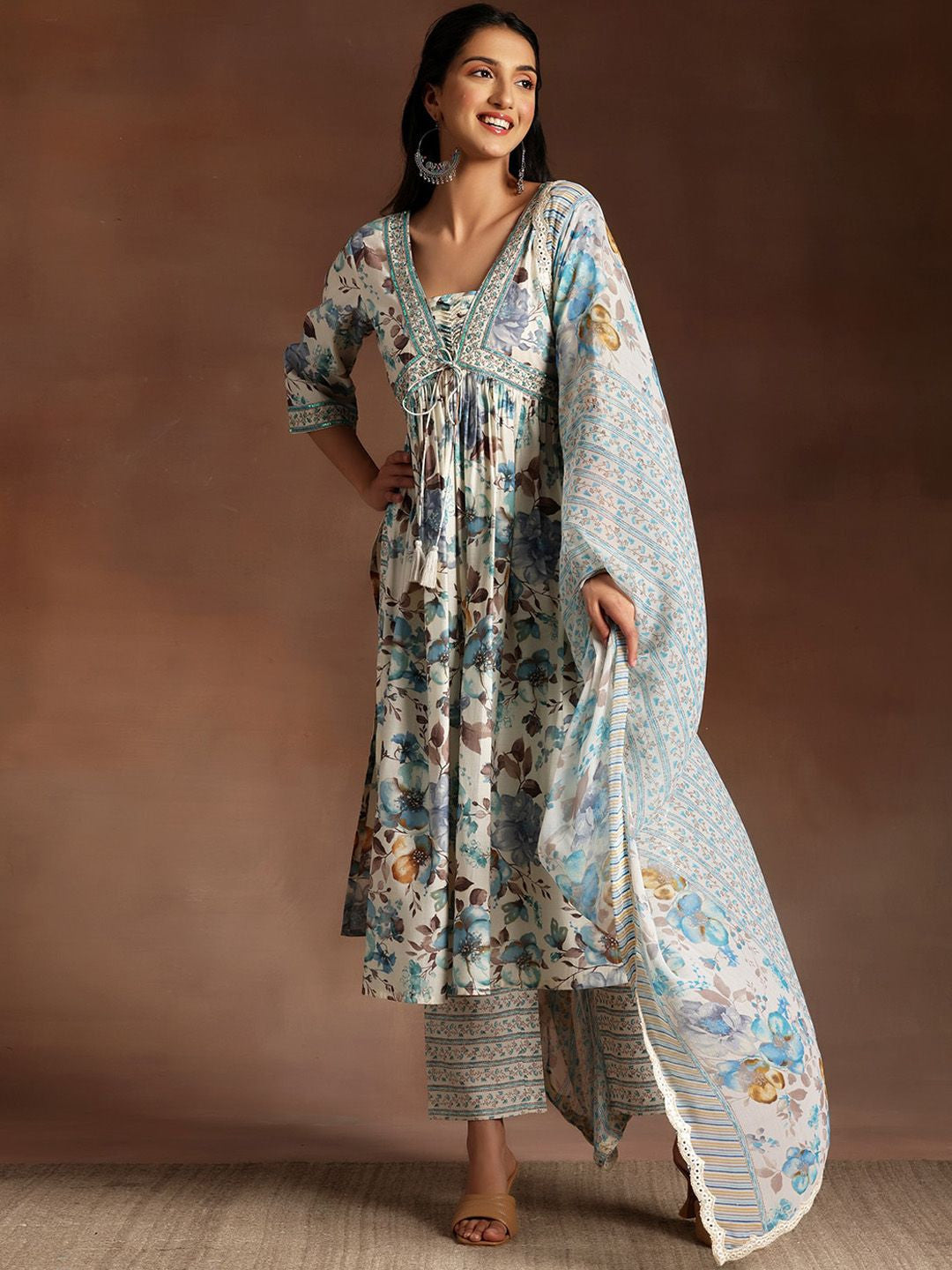 Floral Printed Empire Sequinned Kurta with Palazzo & Dupatta