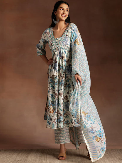 Floral Printed Empire Sequinned Kurta with Palazzo & Dupatta