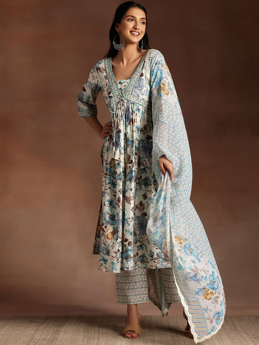 Floral Printed Empire Sequinned Kurta with Palazzo & Dupatta