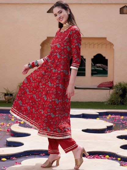 Red Floral Printed Mirror Work Pure Cotton A-Line Kurta Set