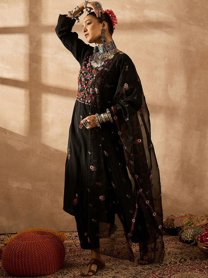Women Floral Embroidered Regular Thread Work Kurta with Trousers & With Dupatta