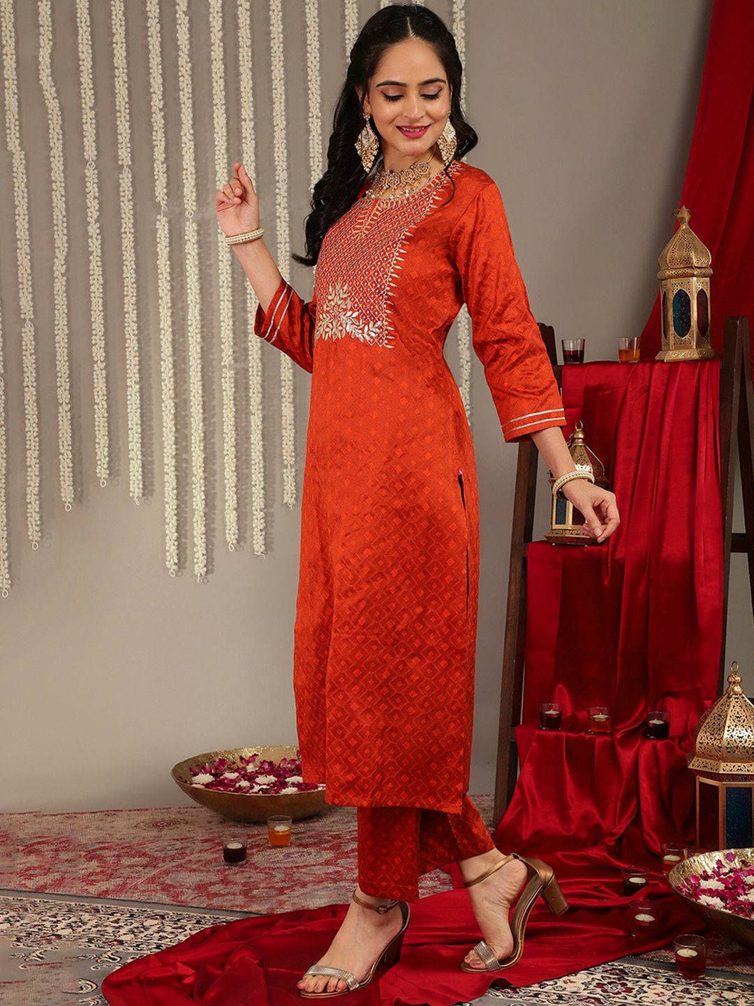 Rust Women Rust Yoke Design Kurta with Trousers & With Dupatta