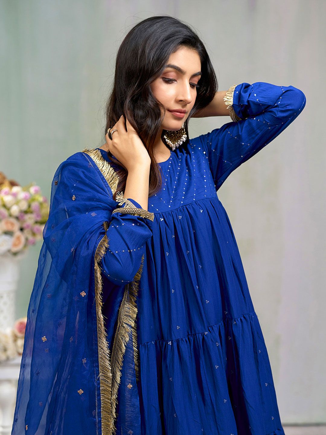 Dhiyona CH Women Floral Embroidered Tiered Sequinned A-Line Kurta With Trousers & Dupatta