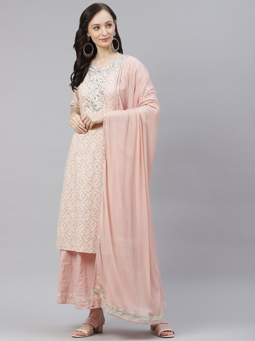 Dhiyona KL Bandhani Printed Straight Gotta Patti Pure Cotton Kurta With Palazzos & Dupatta