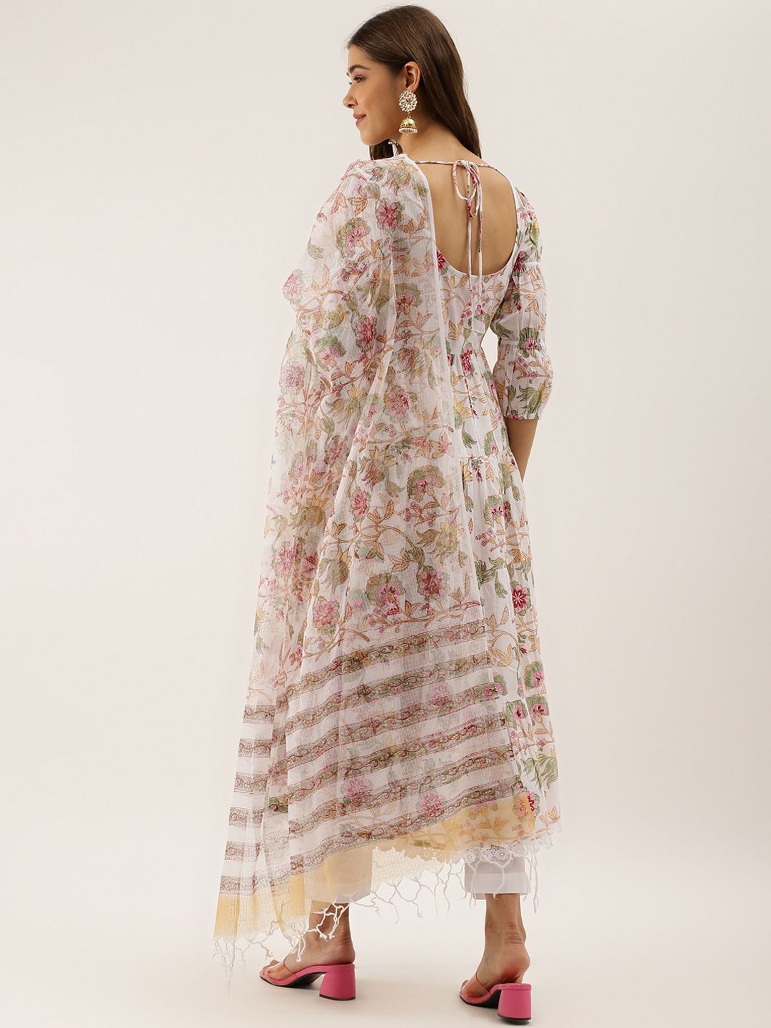 Dhiyona KL Floral Printed Puffed Sleeves Pure Cotton Anarkali Kurta & Trousers With Dupatta