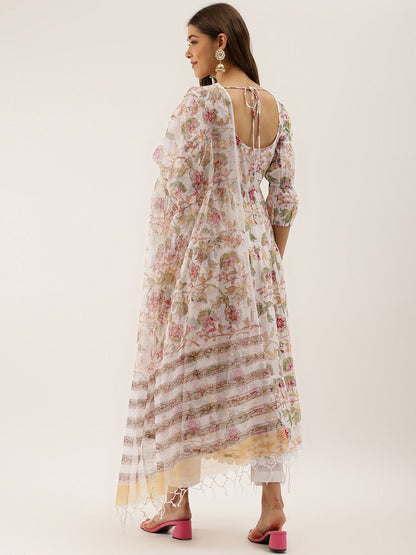 Dhiyona KL Floral Printed Puffed Sleeves Pure Cotton Anarkali Kurta & Trousers With Dupatta